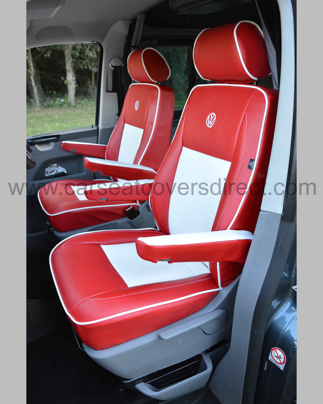 Volkswagen Transporter T5 Captain Seat Covers | Red & White Piped Leatherette with VW Logos
