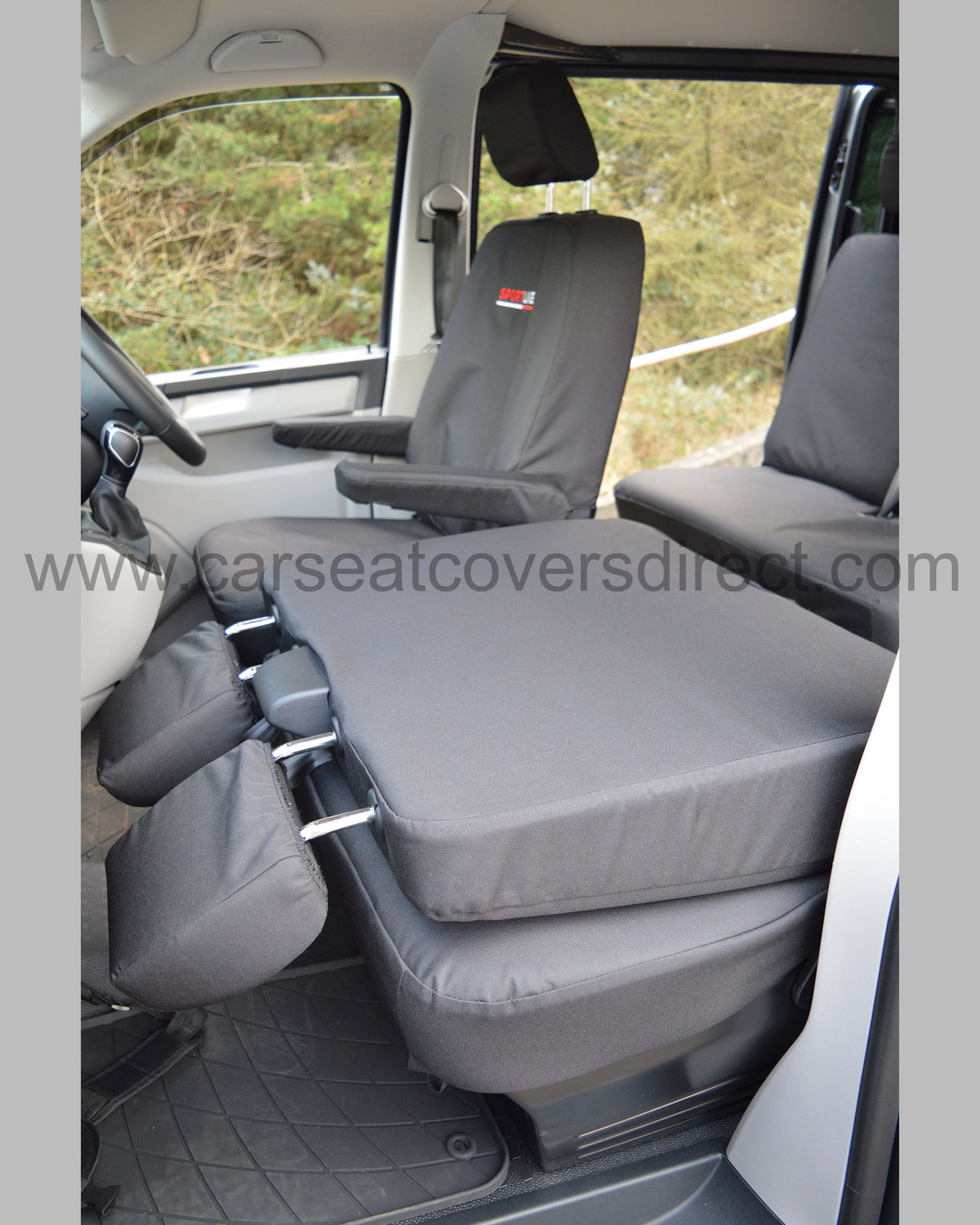 Volkswagen Transporter T6 Seat Covers | Black Heavy Duty with Red & White Sportline Logos | Custom Made to Order
