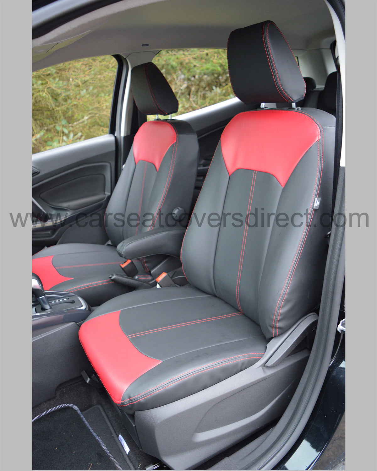 Ford EcoSport Seat Covers - Black Leatherette Red Panel Inserts Red Stitching (2012-Present)