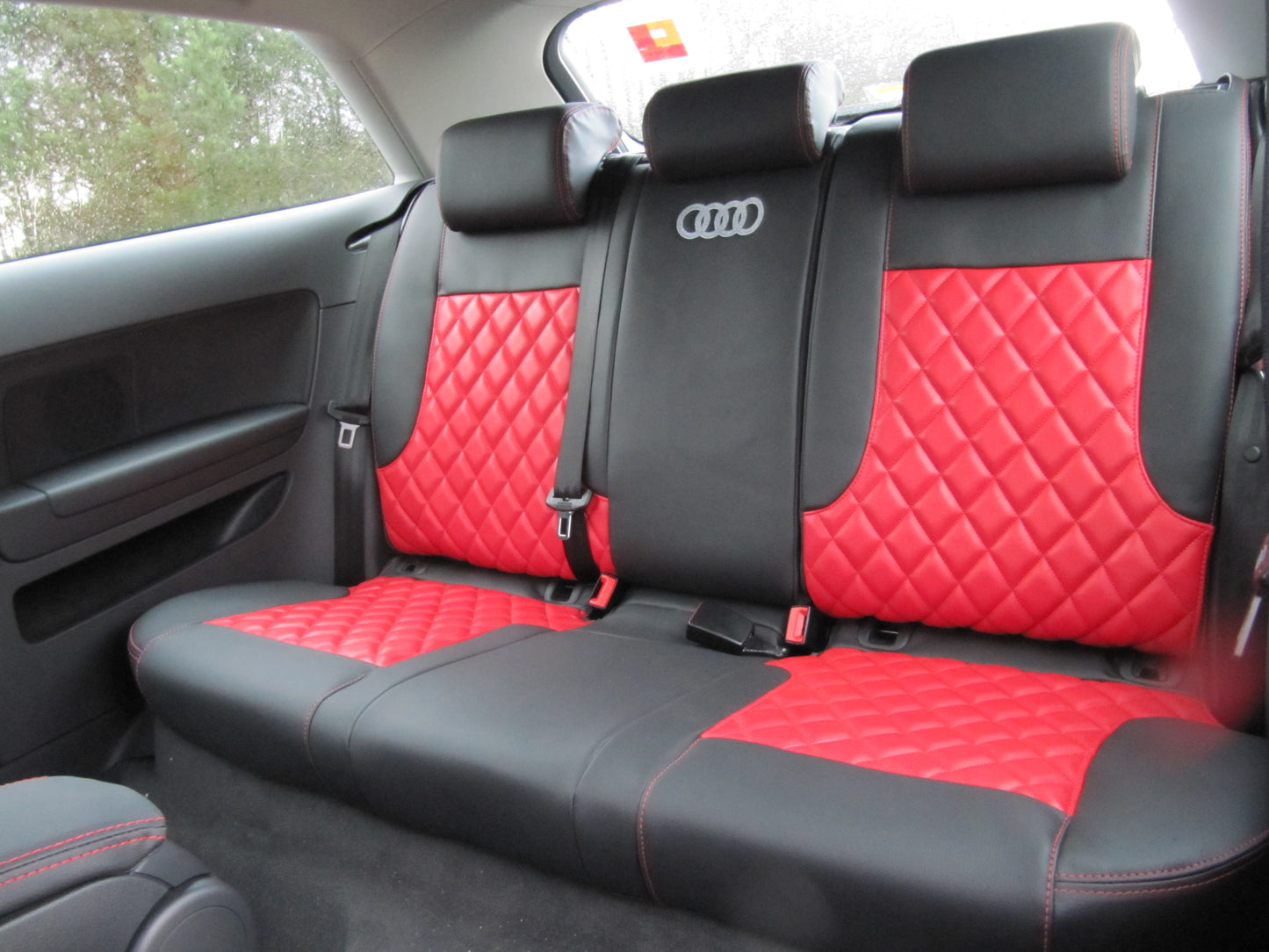 Audi A3 8P Seat Covers (2003–2013) | Black & Sienna Red Leatherette Diamond Stitching | Custom Made to Order