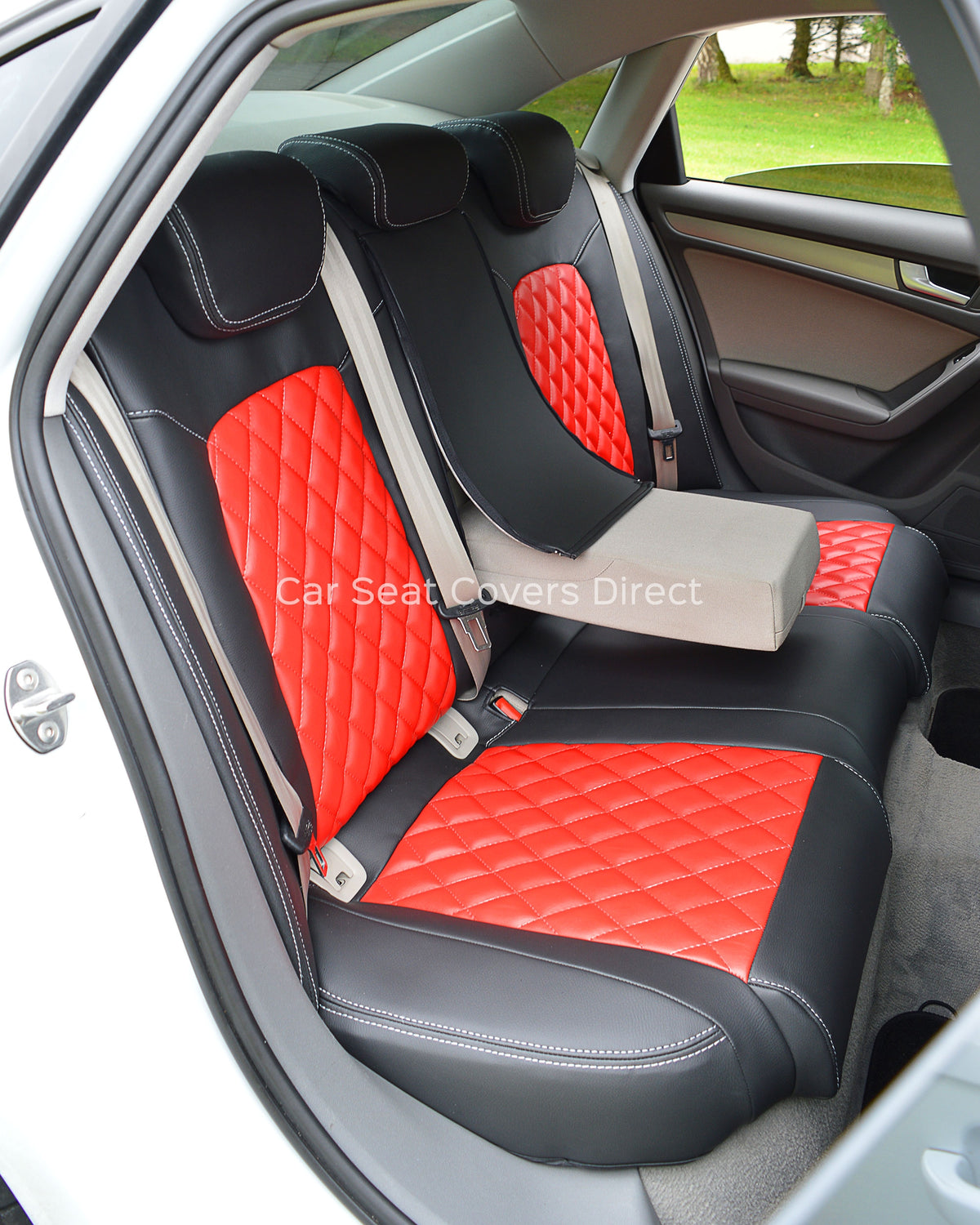 Audi A4 B8 Seat Covers (2008–2016) | Black & Red Leatherette Silver Diamond Stitching | Custom Made to Order