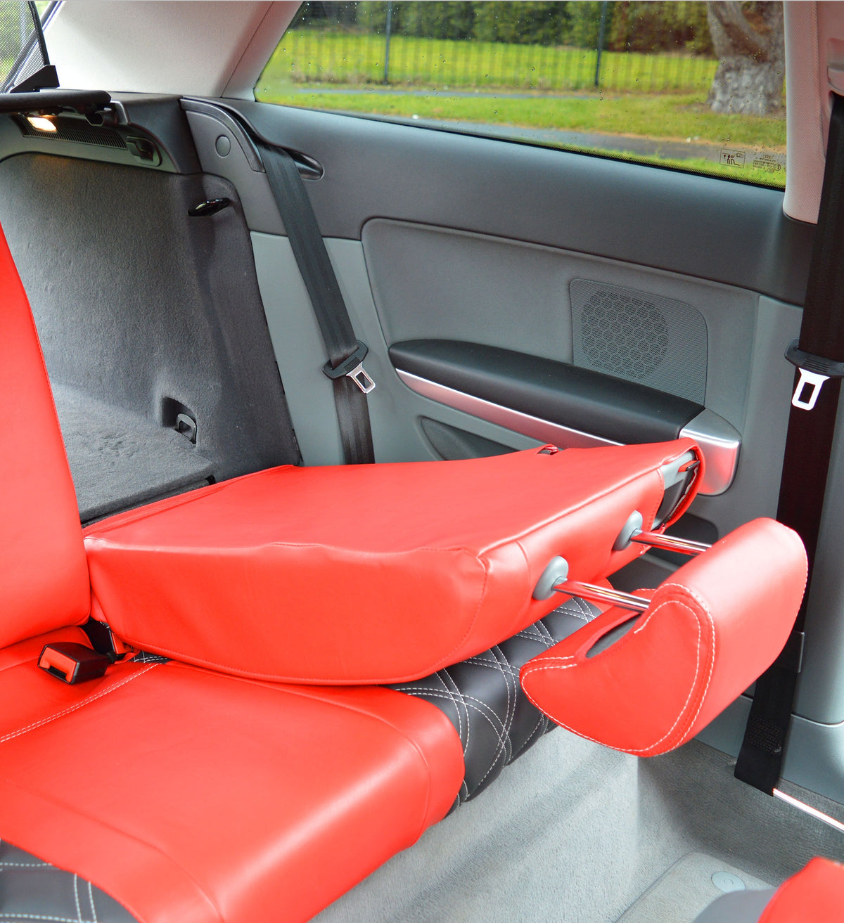 Audi A3 Sportback Seat Covers (2013+) | Red & Charcoal Leatherette Silver Diamond Stitching | Custom Made to Order