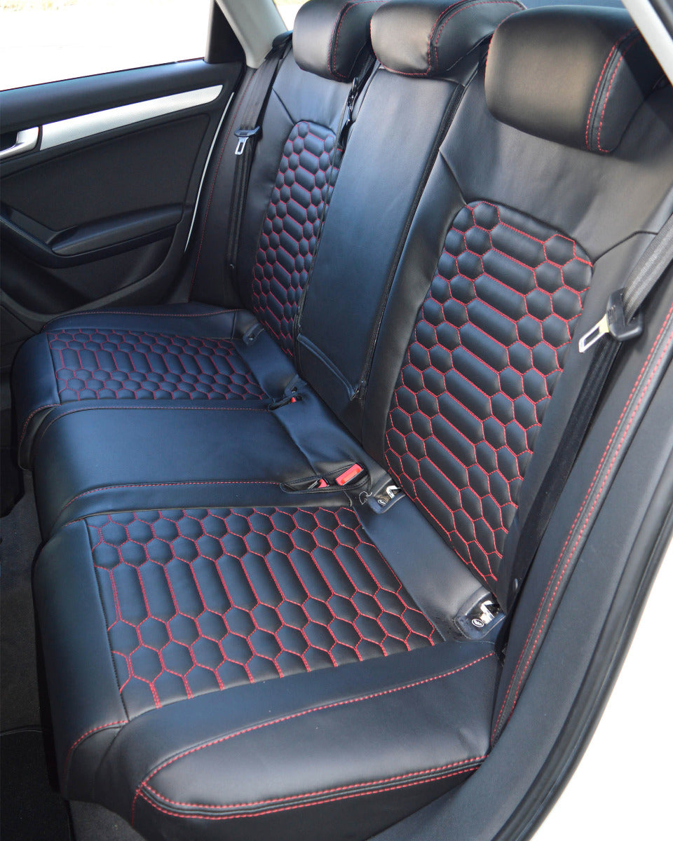 Audi A4 B8 Seat Covers (2008–2016) | Black Leatherette Red Honeycomb Stitching & Audi Logos | Custom Made to Order
