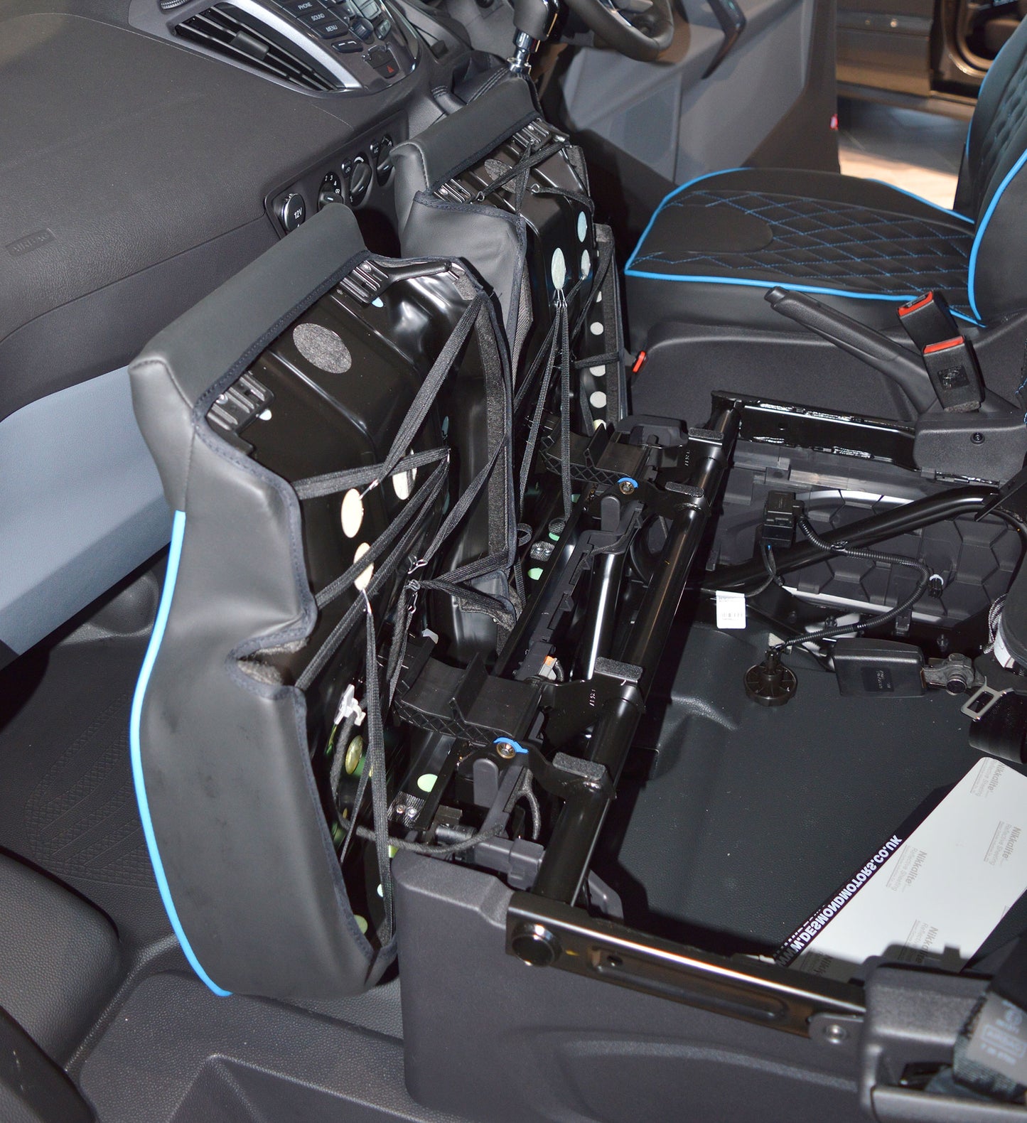 Ford Transit Custom Seat Covers - Black Leatherette Blue Lupin Piping Single Diamond Stitch Foam Backed (2013-Present)