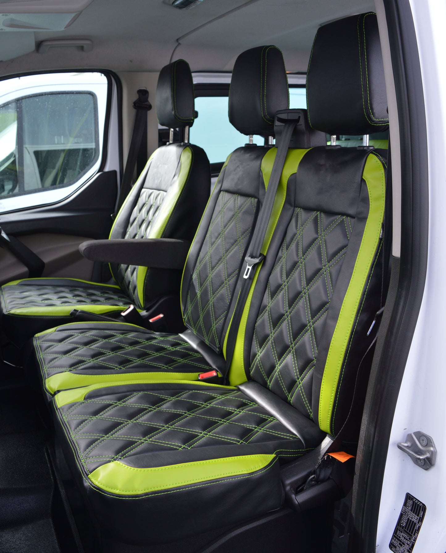 Ford Transit Custom Crewcab Seat Covers - Black Leatherette Lime Green Inserts Double Diamond Stitch