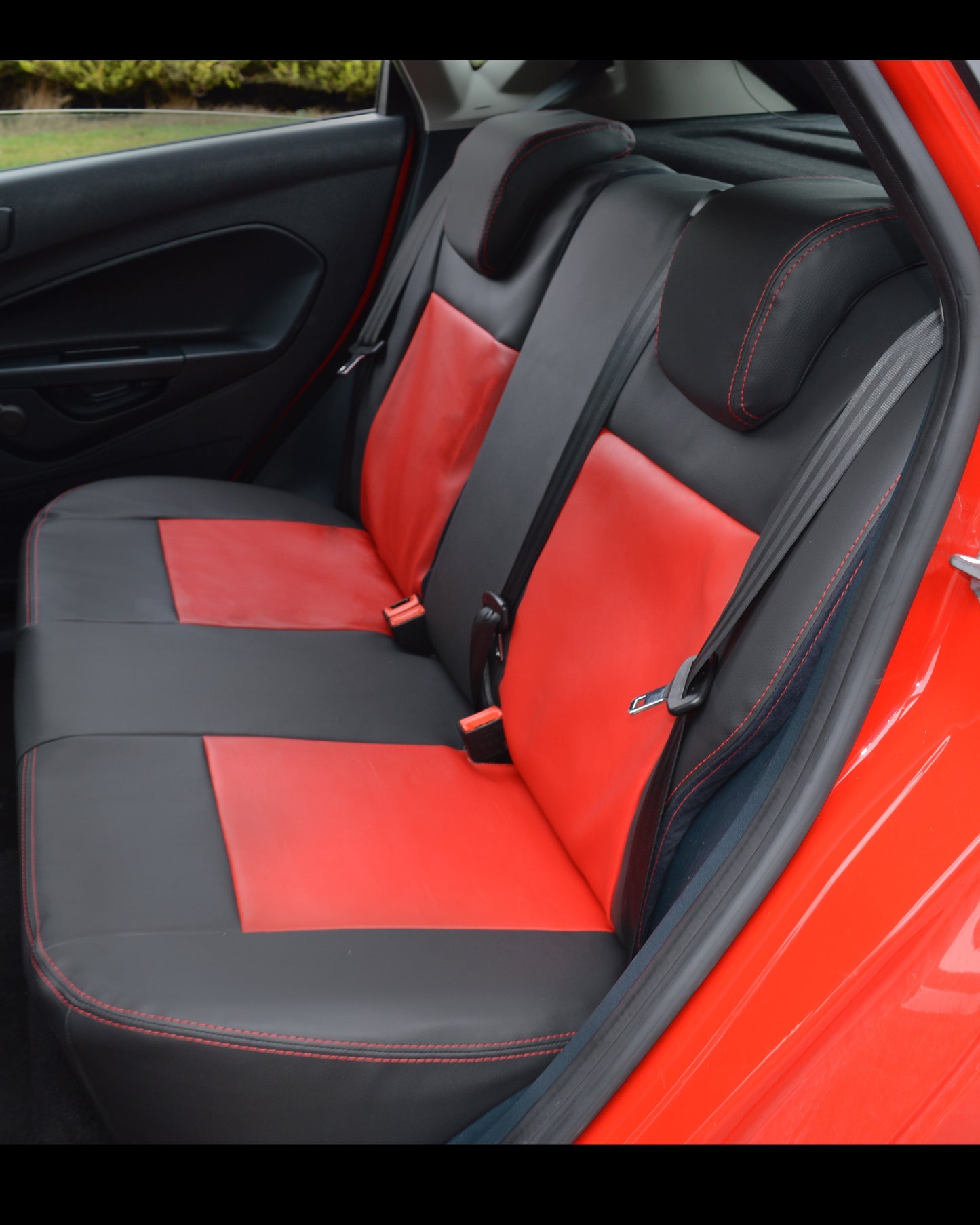 Ford Fiesta Seat Covers - Black & Red Leatherette Two-Tone With Logo (2009-2019)