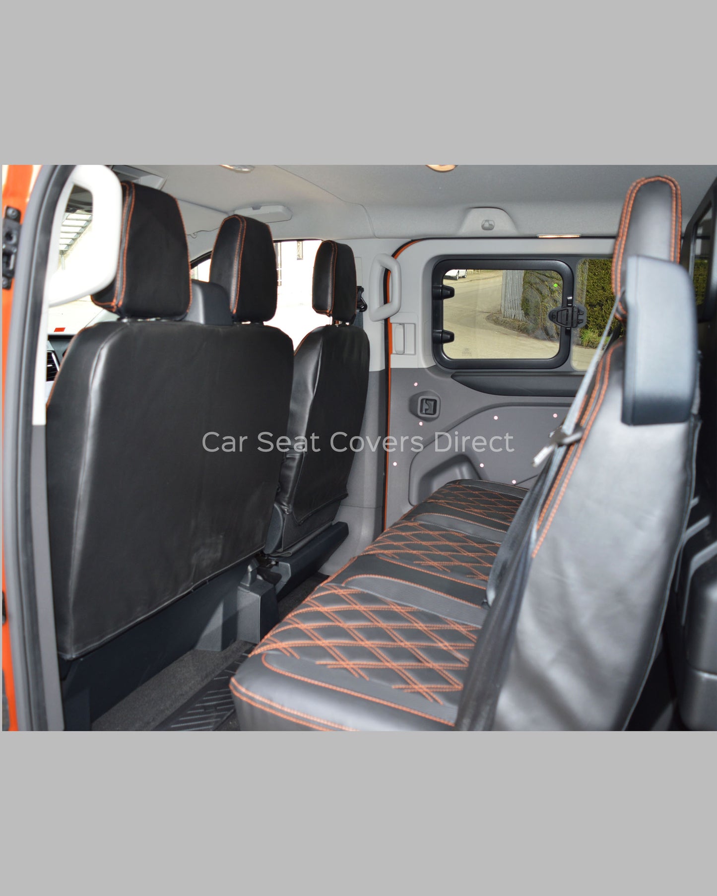 Ford Transit Custom Crewcab Seat Covers - Black Leatherette Carbon Inserts Orange Stitching Double Diamond Stitch (2013-Present)