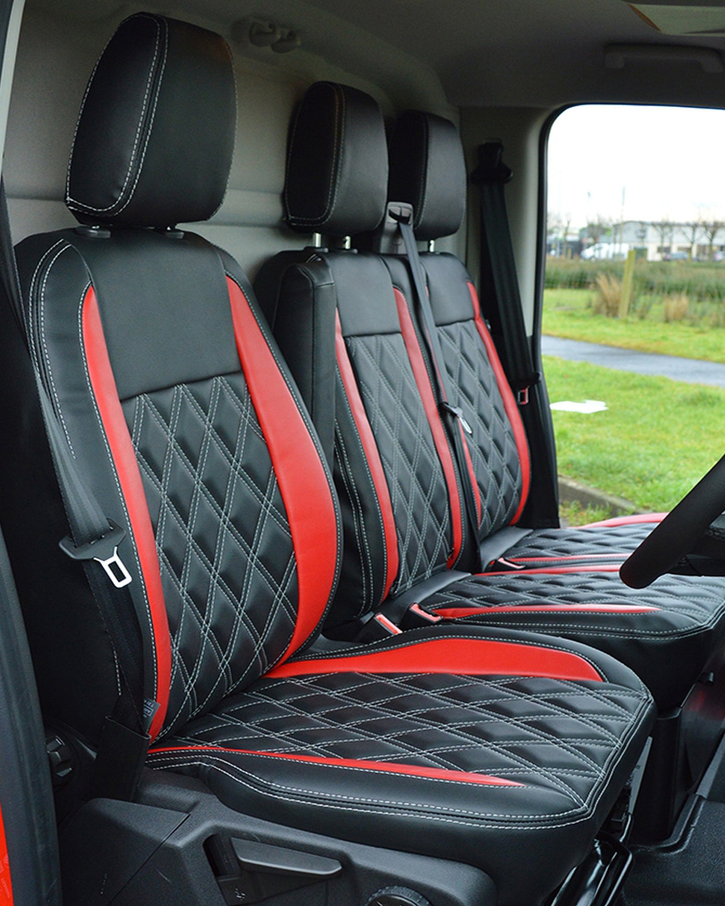 Ford Transit Custom Seat Covers - Black & Red Leatherette with RS Logos