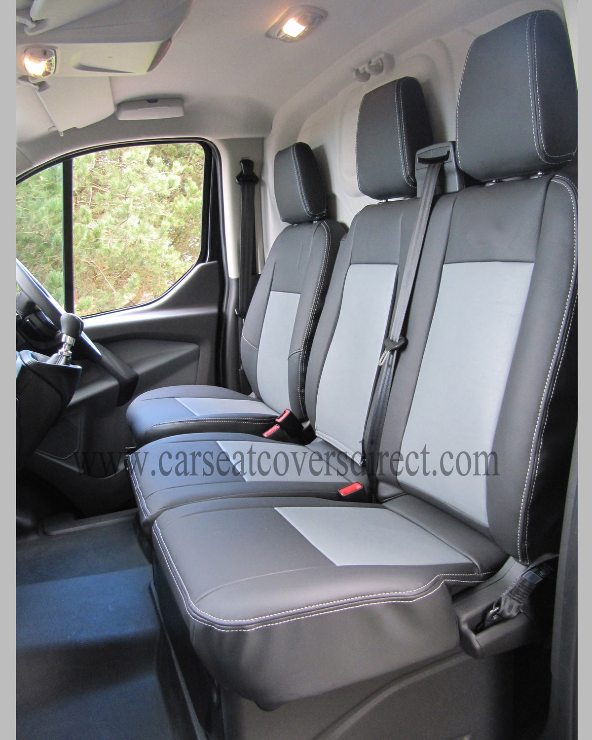 Ford Transit Custom Seat Covers - Charcoal Leatherette Forli Grey Centre Panels Foam Backed Silver Double Stitching (2013-Present)