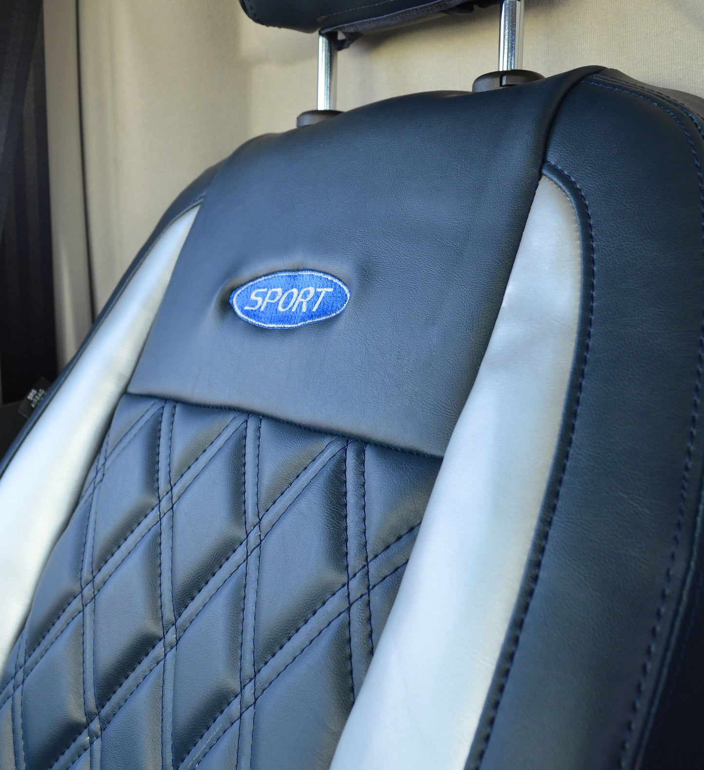 Ford Transit Custom Seat Covers - Navy Leatherette Double Diamond Stitch With Logo (2013-Present)