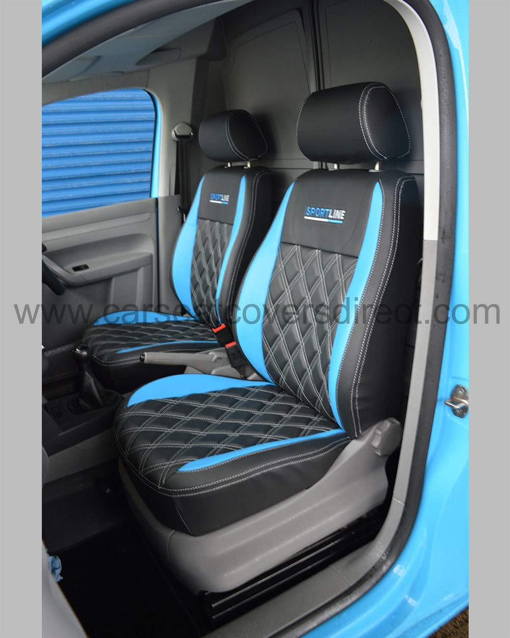 Volkswagen Caddy Seat Covers | Black & Blue Silver Diamond Leatherette with Sportline Logos