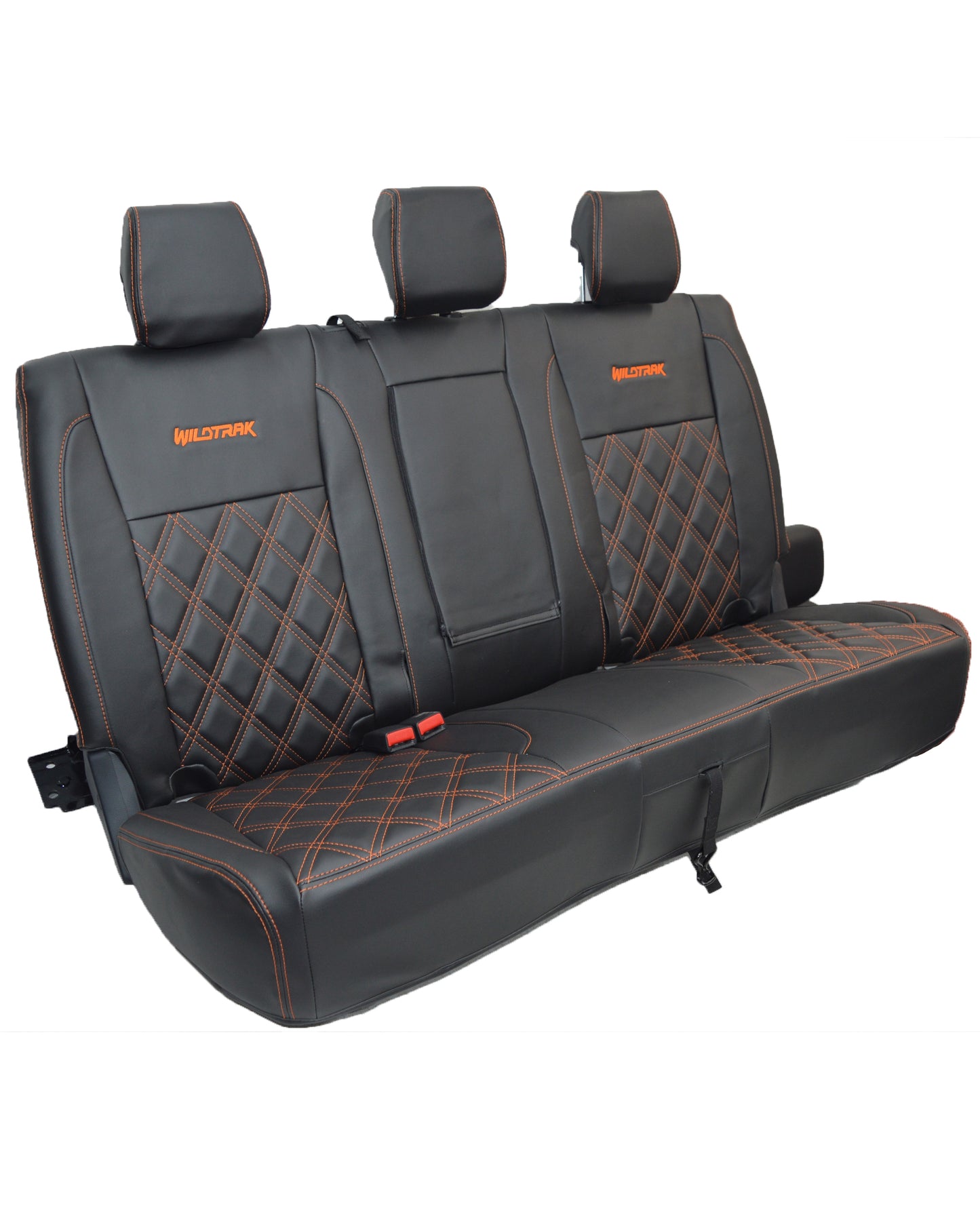 Ford Ranger Wildtrak Seat Covers - Black & Orange Diamond Quilted Leatherette With Logo