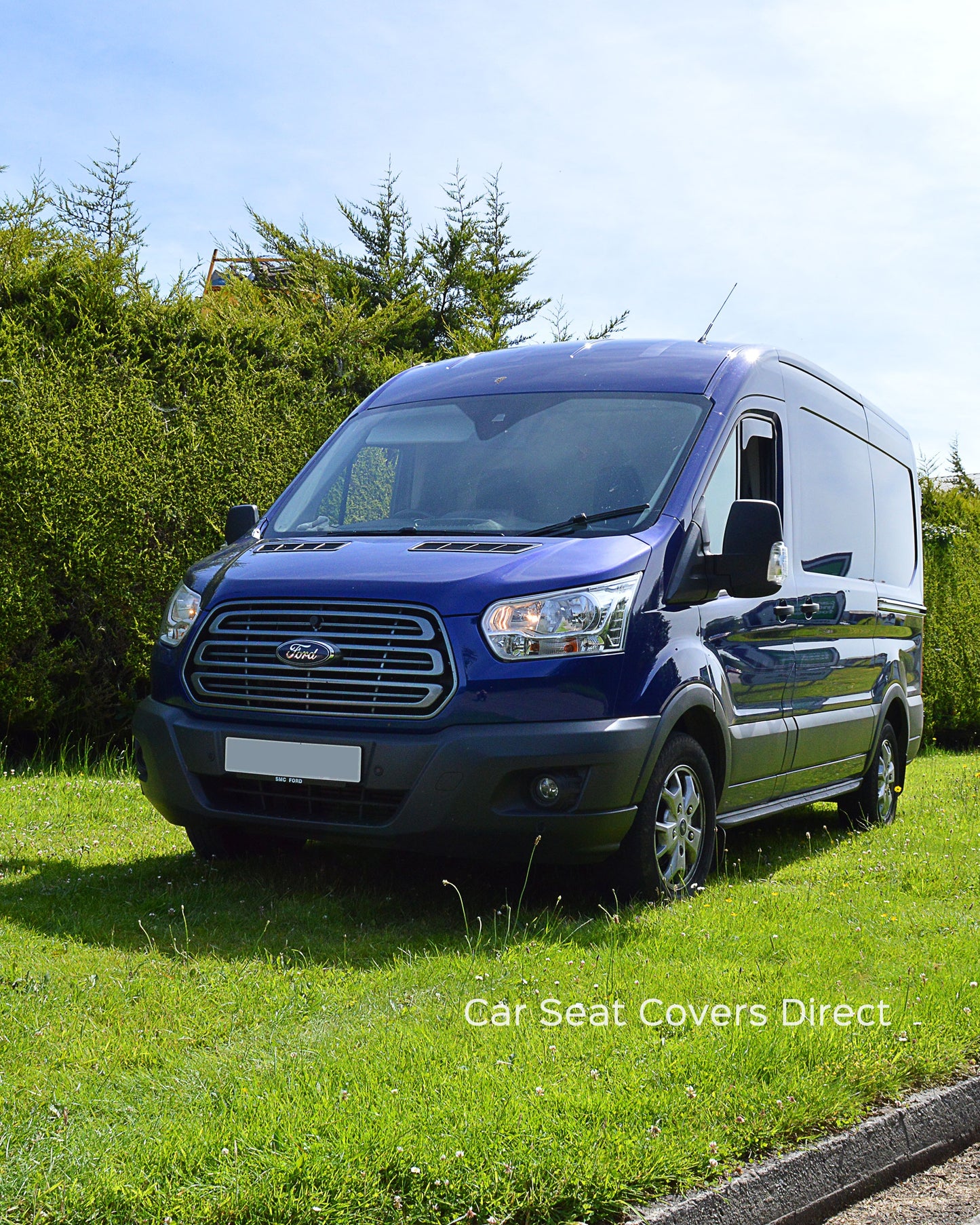 Ford Transit LWB Seat Covers - Navy Leatherette Black Perforated Inserts Double Diamond Stitch With Logo (2014-Present)