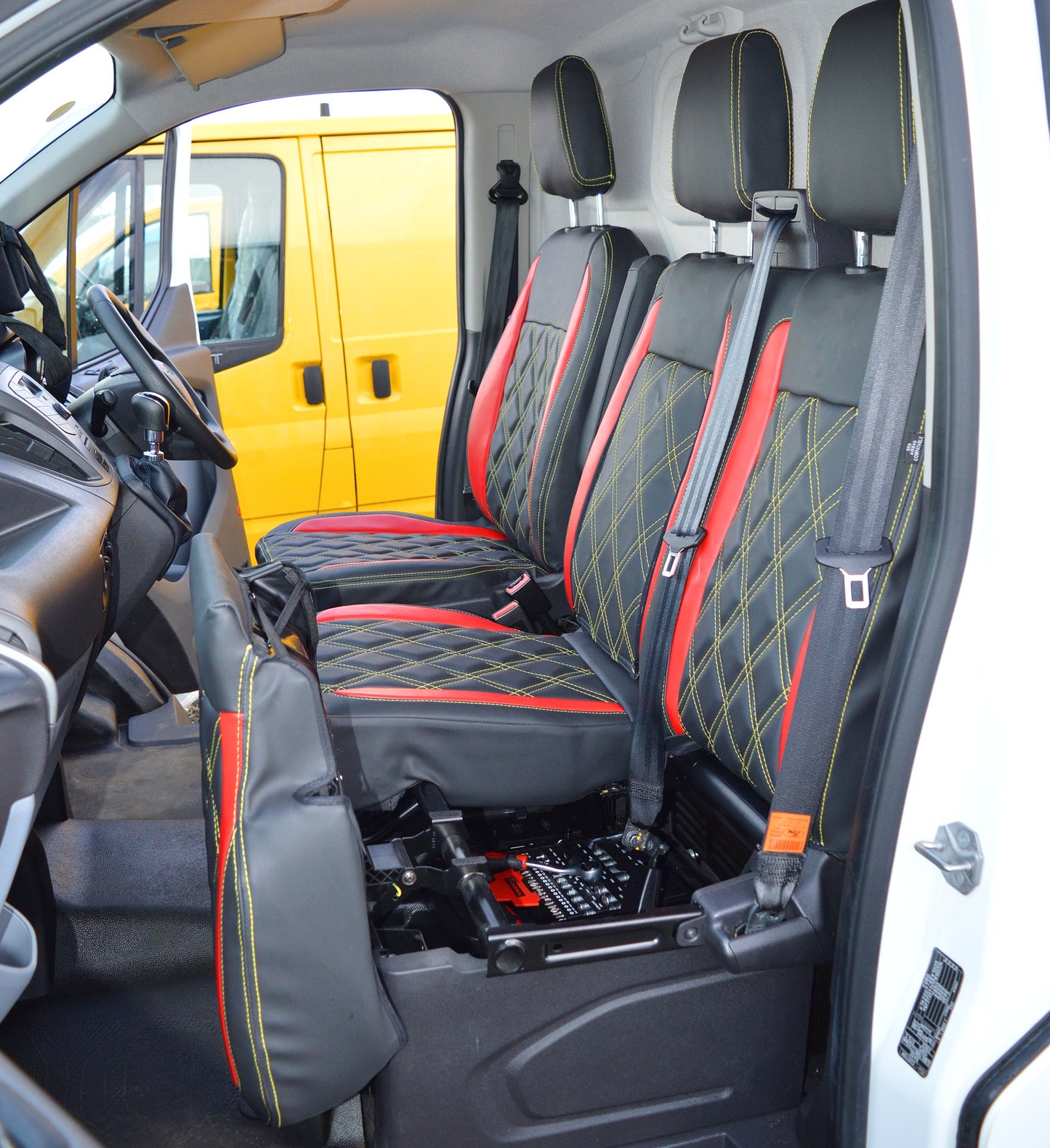 Ford Transit Custom Seat Covers - Black Leatherette Argenta Red Inserts Double Diamond Stitch Yellow Stitching (2013-Present)