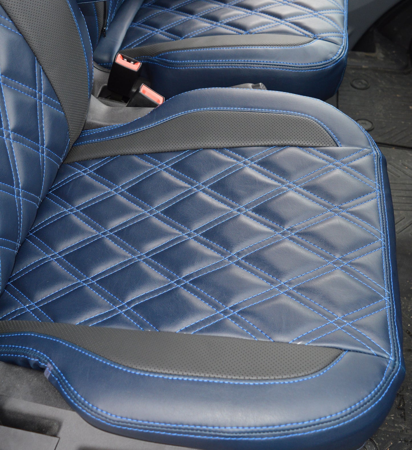 Ford Transit Custom Seat Covers - Navy Leatherette Black Perforated Inserts Double Diamond Stitch With Logo (2013-Present)