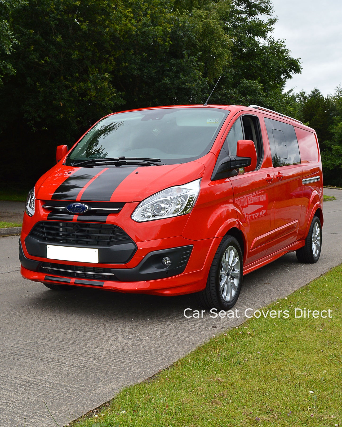 Ford Transit Custom Crew Cab Seat Covers - Black Leatherette Red Inserts Silver Double Diamond Stitch Foam Backed (2013-Present)