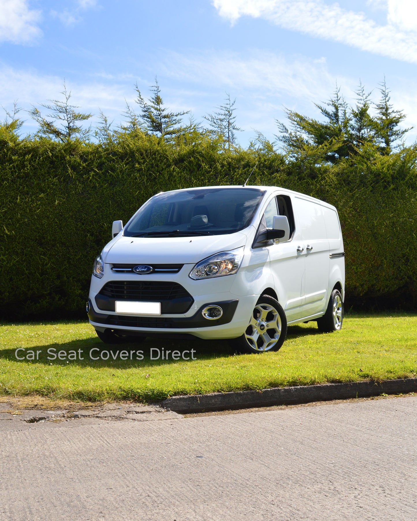 Ford Transit Custom Seat Covers - Black Leatherette Red Mosaic Fabric Centre Panels Red Stitching (2013-Present)