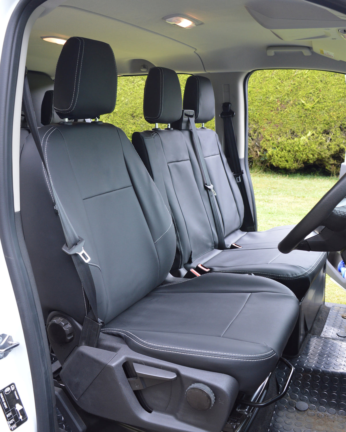 Ford Transit Custom Seat Covers - Black Leatherette Silver Double Stitching (2013-Present)