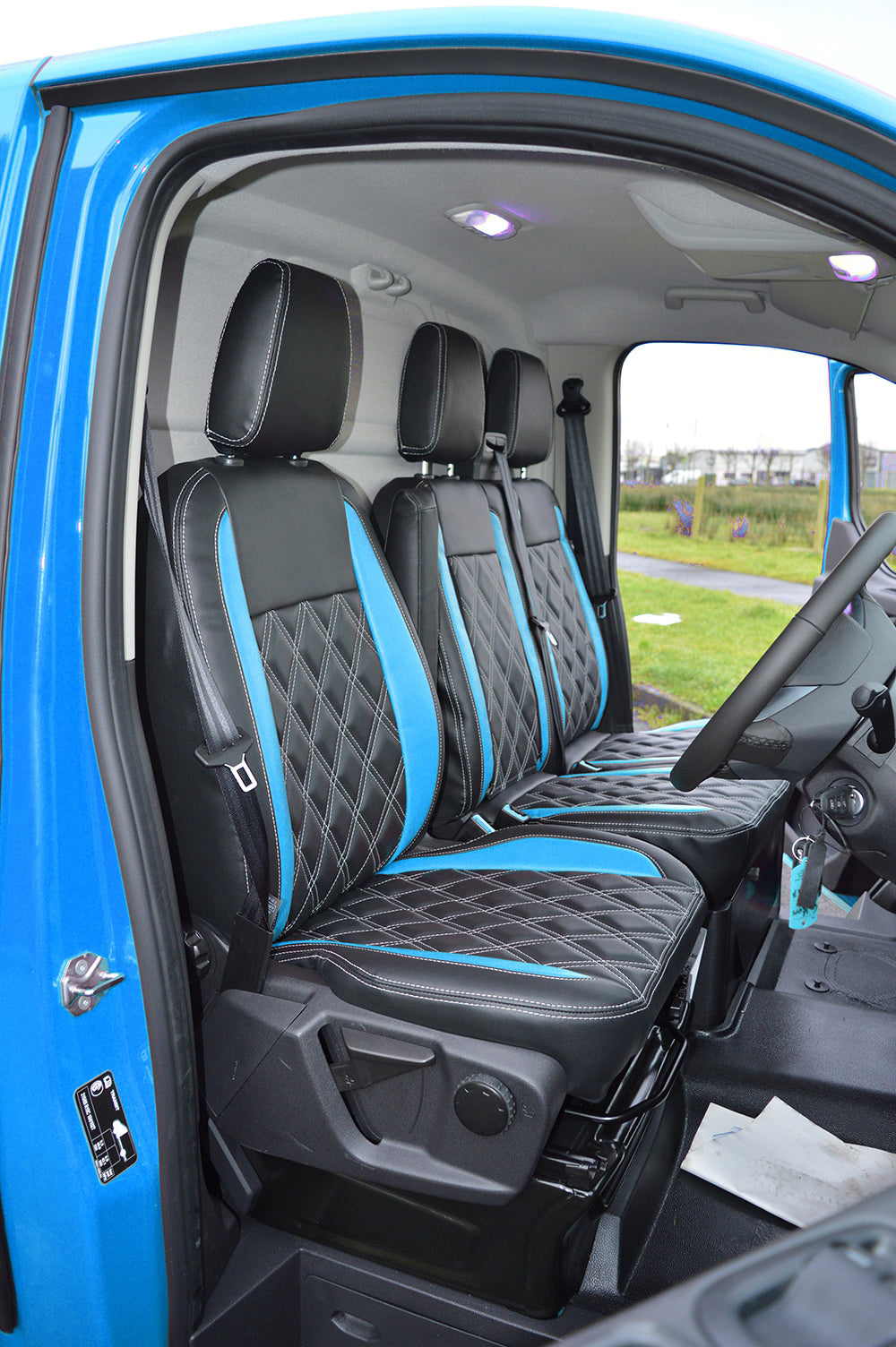 Ford Transit Custom Seat Covers - Black & Blue Leatherette Diamond Quilted With RS Logos