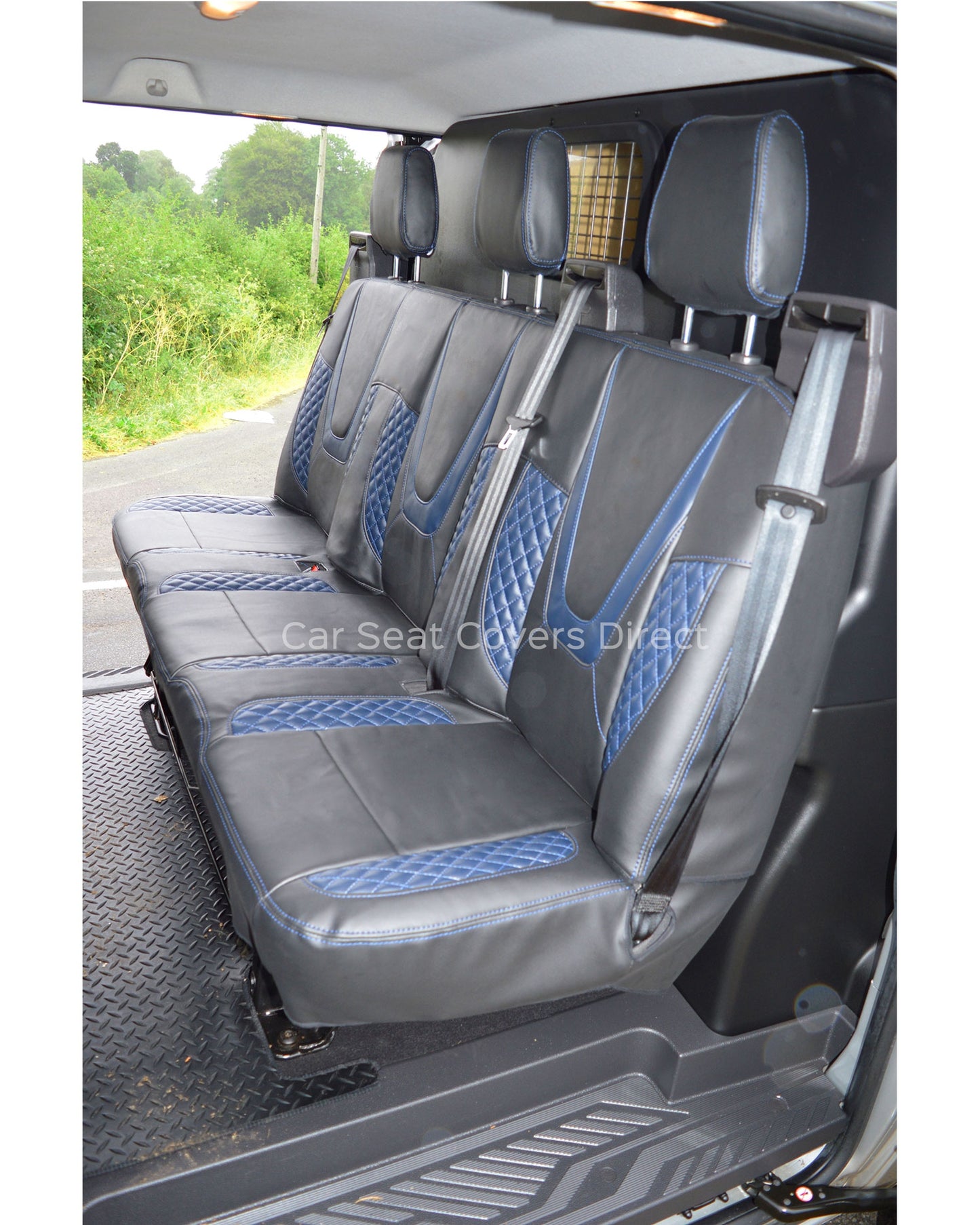 Ford Transit Custom Crew Cab Seat Covers | Black PVC & Navy U Design | UK Made