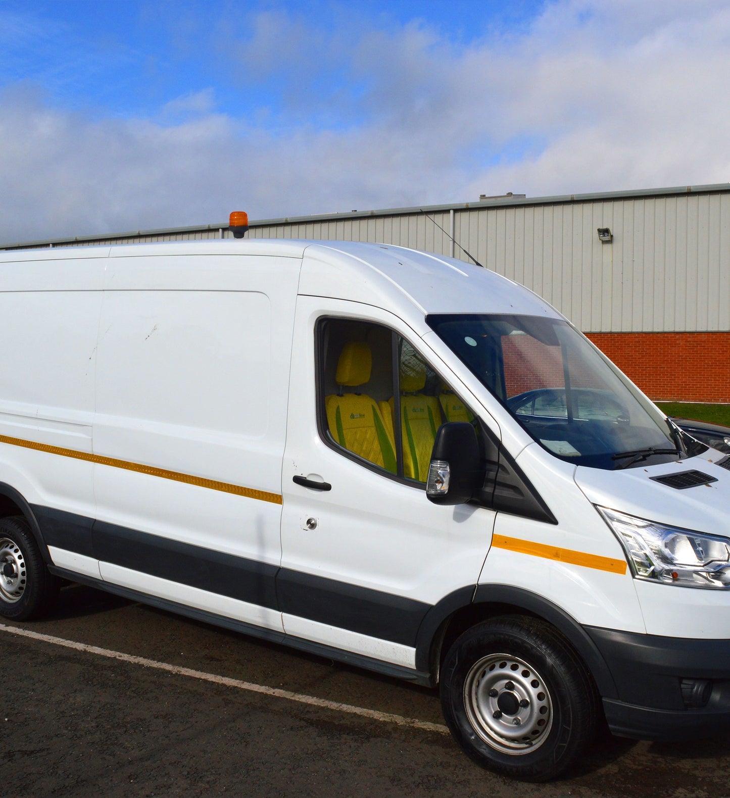 Ford Transit Custom Seat Covers - Yellow Leatherette Green Inserts Double Diamond Stitch With Logo (2013-Present)