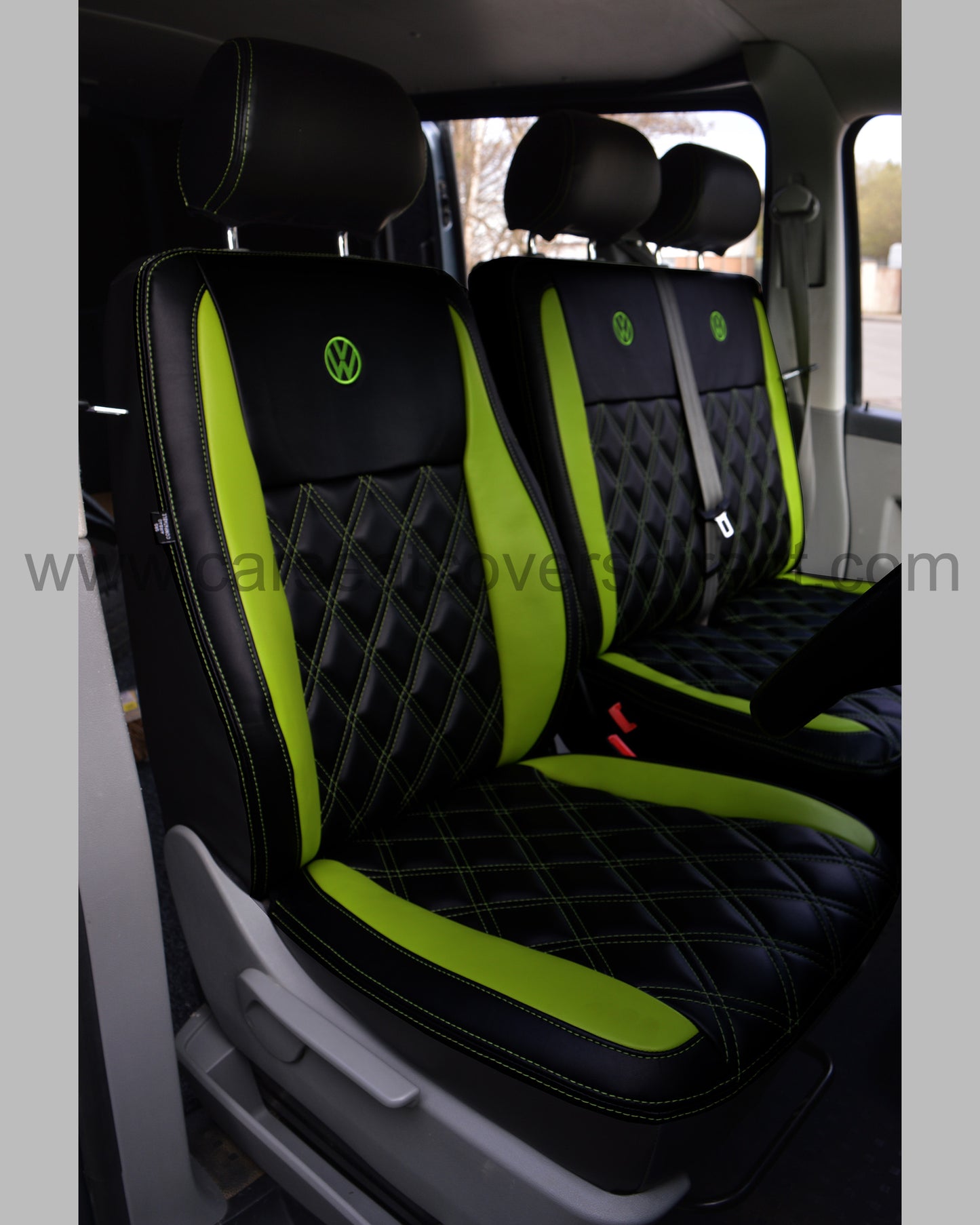 Volkswagen VW transporter T6 Seat Covers - Black & Citrus Green inserts Diamond stitched