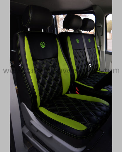Volkswagen VW transporter T6 Seat Covers - Black & Citrus Green inserts Diamond stitched