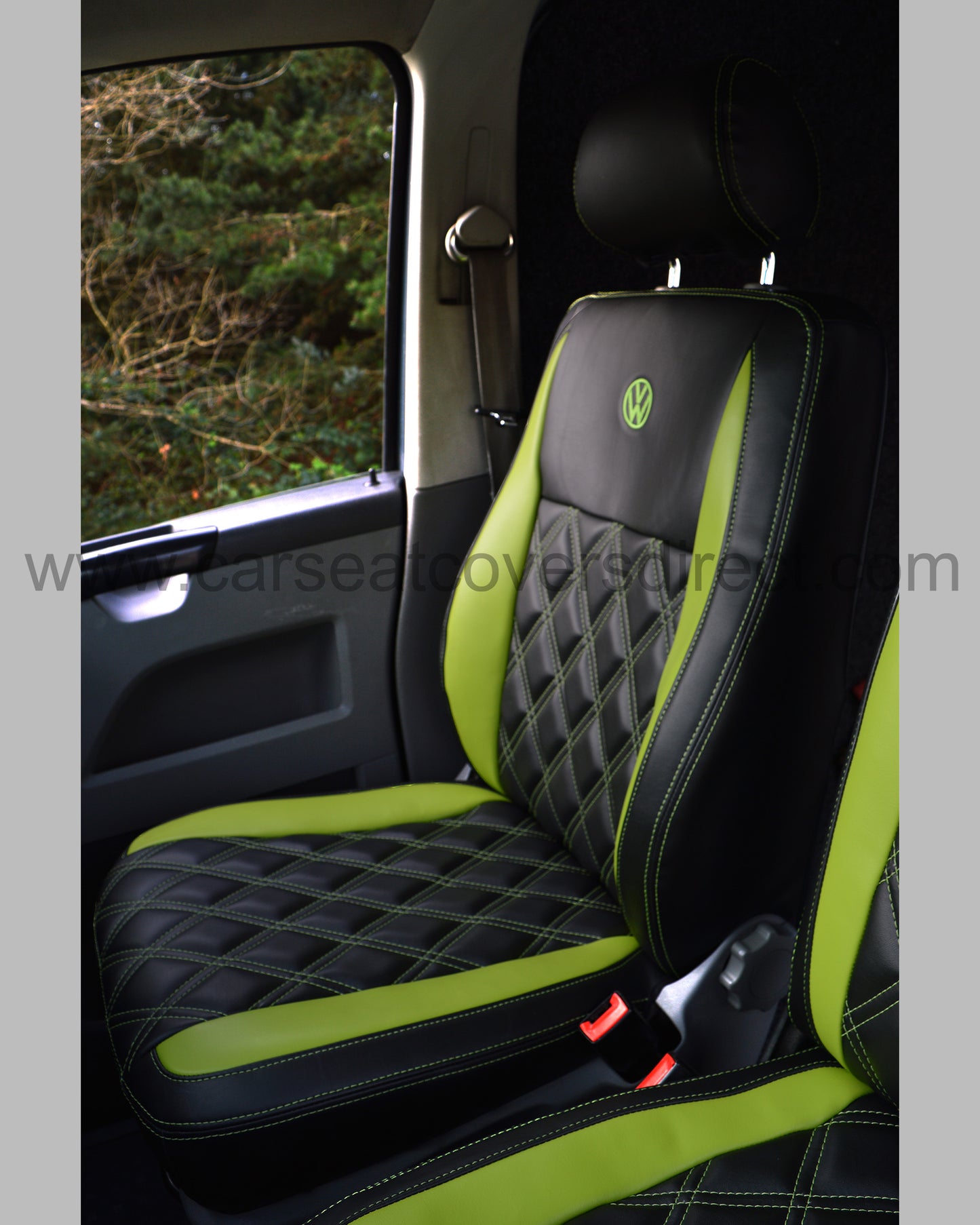 Volkswagen VW transporter T6 Seat Covers - Black & Citrus Green inserts Diamond stitched