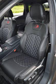 Audi Q7 4M Seat Covers (2015–2026) | Black Leatherette & Silver Diamond Stitching | Custom Made to Order