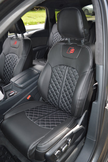 Audi Q7 4M Seat Covers (2015–2026) | Black Leatherette & Silver Diamond Stitching | Custom Made to Order