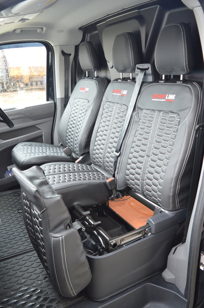 Volkswagen Transporter T7 Seat Covers | Black Leatherette with Honeycomb Face Panels, Silver Reinforced Stitching & Sportline Logos | 2024–Present | Custom Made to Order