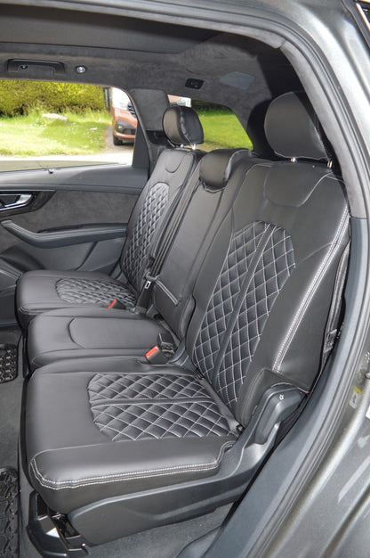 Audi Q7 4M Seat Covers (2015–2026) | Black Leatherette & Silver Diamond Stitching | Custom Made to Order