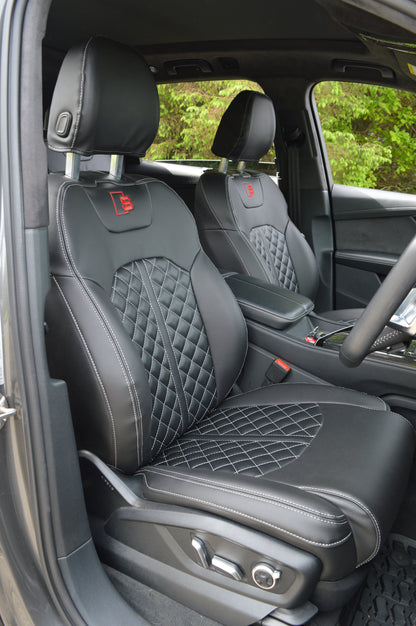 Audi Q7 4M Seat Covers (2015–2026) | Black Leatherette & Silver Diamond Stitching | Custom Made to Order