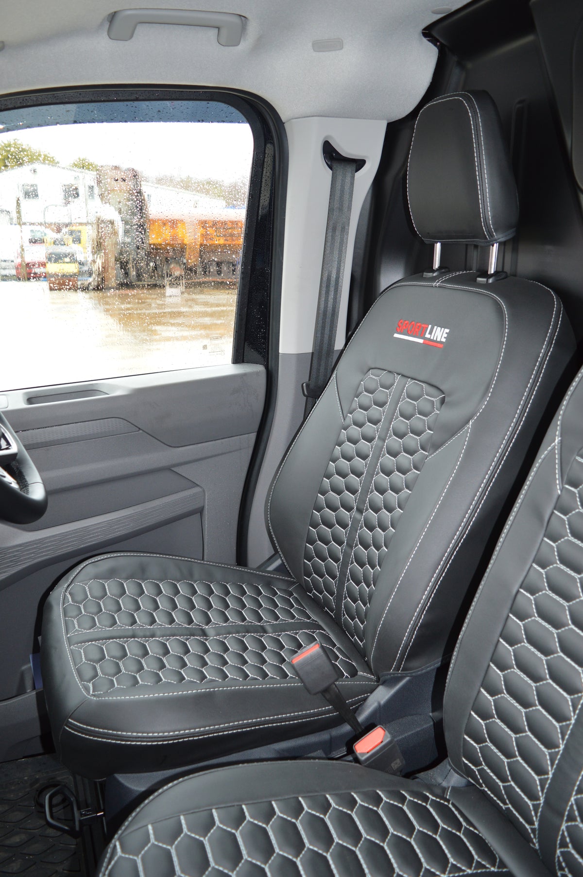 Volkswagen Transporter T7 Seat Covers | Black Leatherette with Honeycomb Face Panels, Silver Reinforced Stitching & Sportline Logos | 2024–Present | Custom Made to Order
