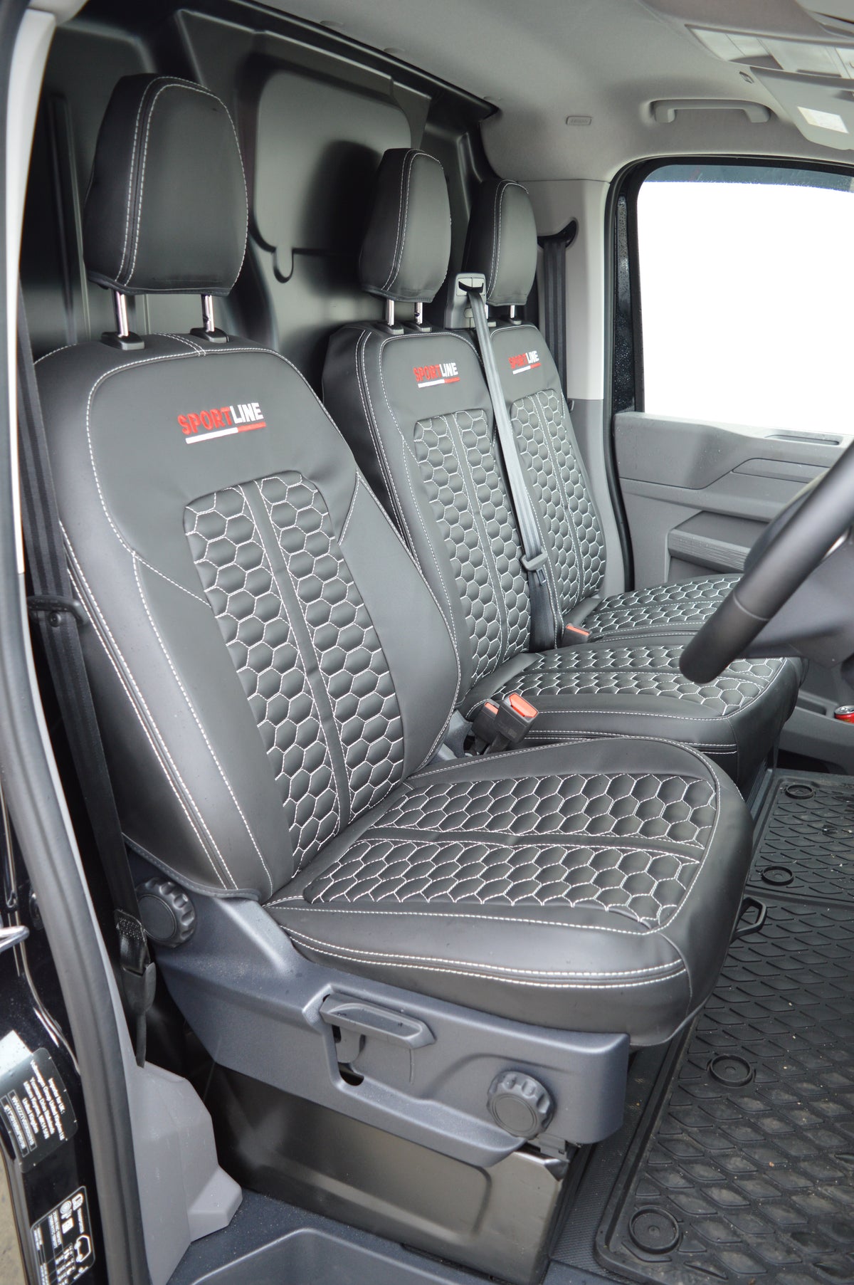 Volkswagen Transporter T7 Seat Covers | Black Leatherette with Honeycomb Face Panels, Silver Reinforced Stitching & Sportline Logos | 2024–Present | Custom Made to Order