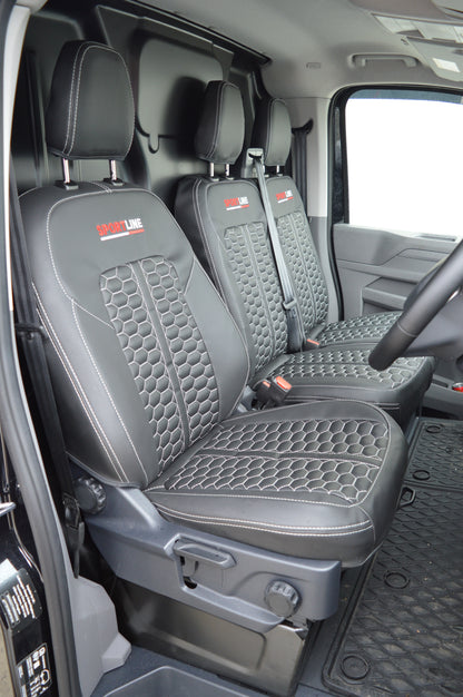 Volkswagen Transporter T7 Seat Covers | Black Leatherette with Honeycomb Face Panels, Silver Reinforced Stitching & Sportline Logos | 2024–Present | Custom Made to Order