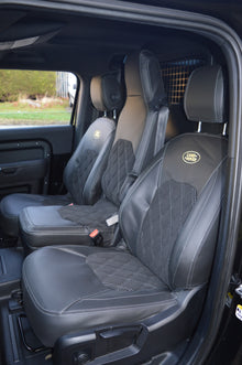 Land Rover Defender Tailored Seat Covers Black leatherette with Alcantara centre panels and silver diamond stitch