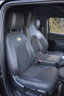 Land Rover Defender Tailored Seat Covers Black leatherette with Alcantara centre panels and silver diamond stitch