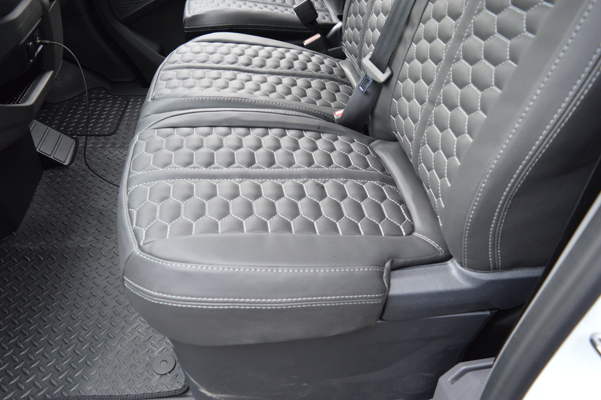 Volkswagen Transporter T7 Seat Covers | Black Leatherette with Honeycomb Face Panels & Silver Reinforced Stitching | 2024–Present | Custom Made to Order