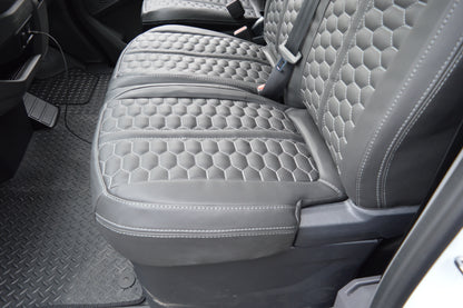 Volkswagen Transporter T7 Seat Covers | Black Leatherette with Honeycomb Face Panels & Silver Reinforced Stitching | 2024–Present | Custom Made to Order