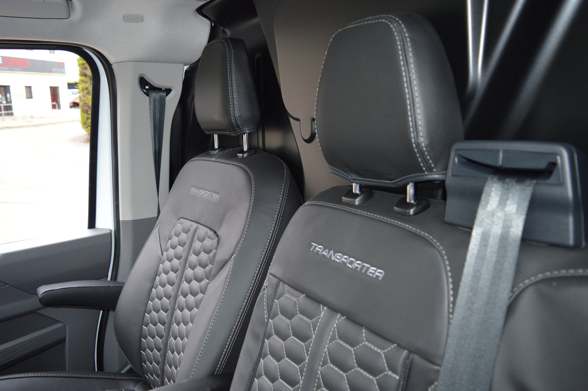 Volkswagen Transporter T7 Seat Covers | Black Leatherette with Honeycomb Face Panels & Silver Reinforced Stitching | 2024–Present | Custom Made to Order