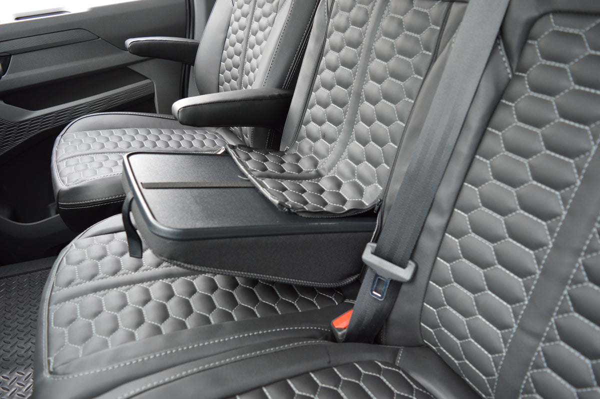 Volkswagen Transporter T7 Seat Covers | Black Leatherette with Honeycomb Face Panels & Silver Reinforced Stitching | 2024–Present | Custom Made to Order