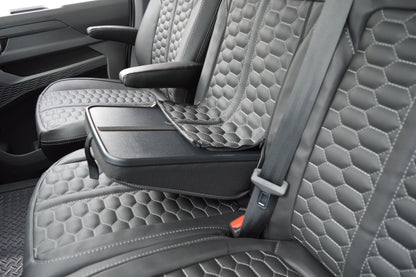 Volkswagen Transporter T7 Seat Covers | Black Leatherette with Honeycomb Face Panels & Silver Reinforced Stitching | 2024–Present | Custom Made to Order
