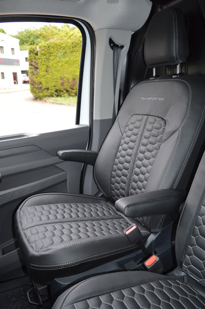 Volkswagen Transporter T7 Seat Covers | Black Leatherette with Honeycomb Face Panels & Silver Reinforced Stitching | 2024–Present | Custom Made to Order