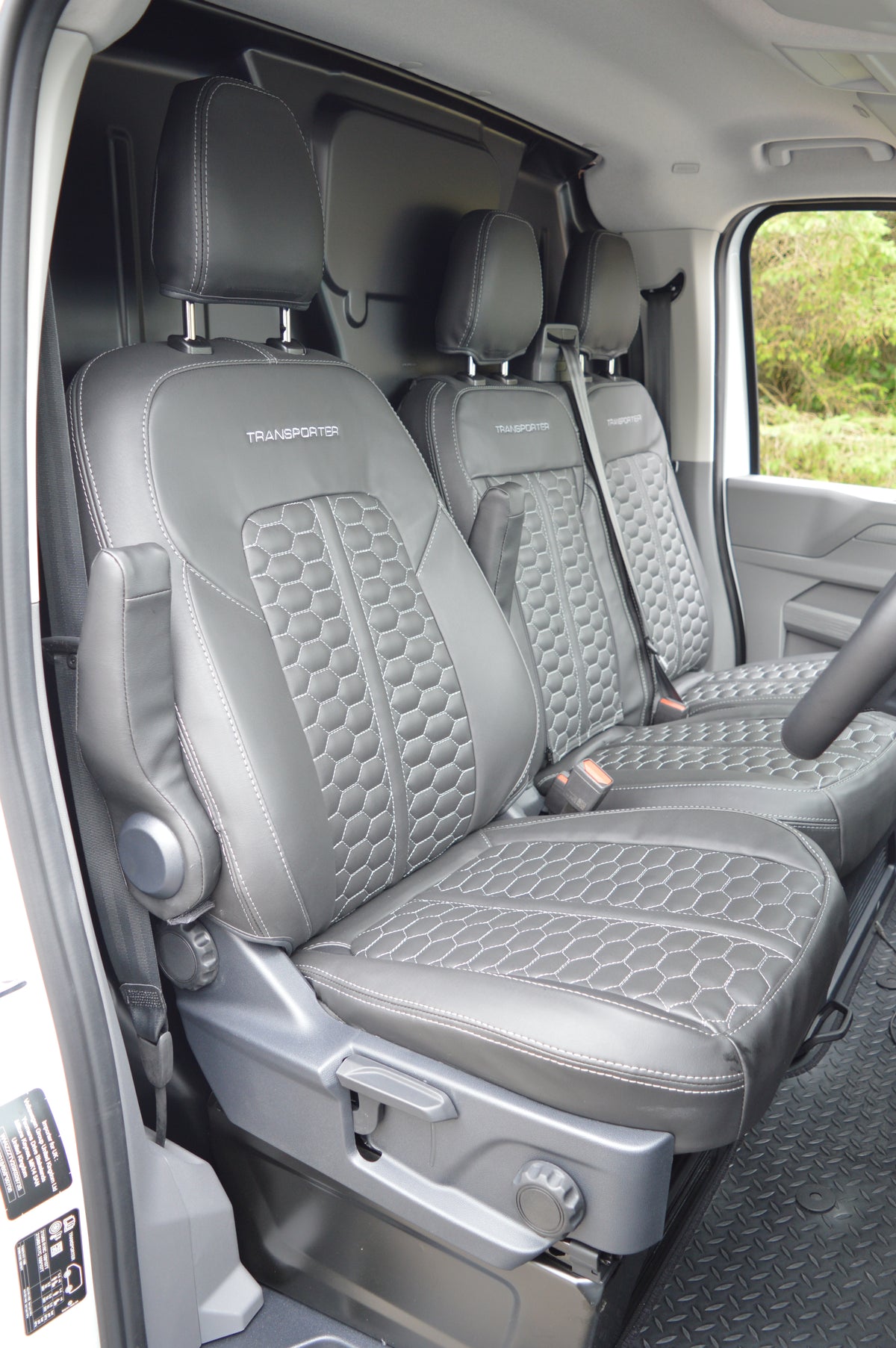 Volkswagen Transporter T7 Seat Covers | Black Leatherette with Honeycomb Face Panels & Silver Reinforced Stitching | 2024–Present | Custom Made to Order