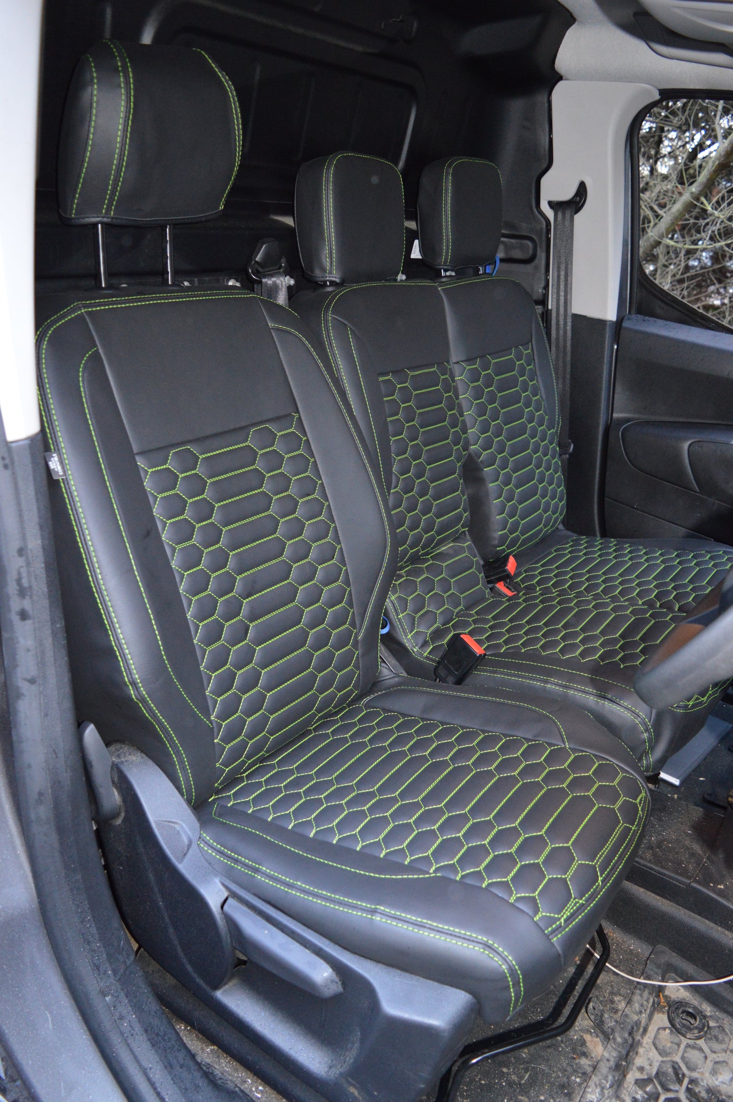 Citroën Berlingo Seat Covers | Black & Lime Green Honeycomb | Waterproof Leatherette | Custom Made to Order