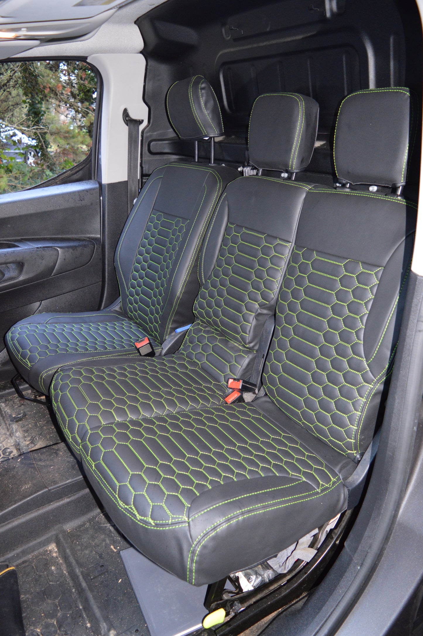 Citroën Berlingo Seat Covers | Black & Lime Green Honeycomb | Waterproof Leatherette | Custom Made to Order