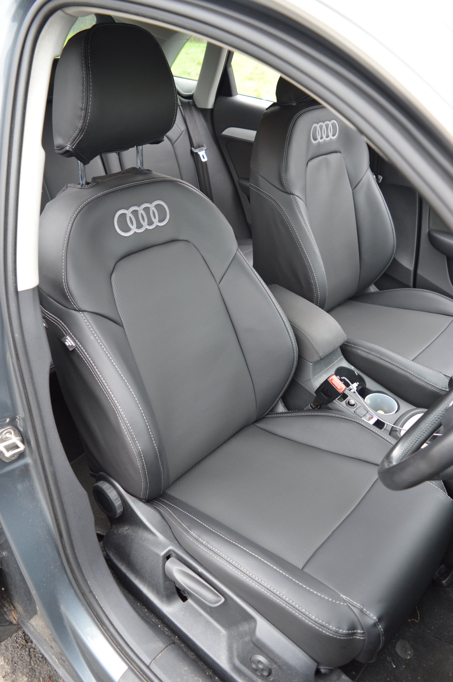 Audi Q3 8U Seat Covers (2011–2019) | Black Perforated Leatherette & Silver Stitching | Custom Made to Order