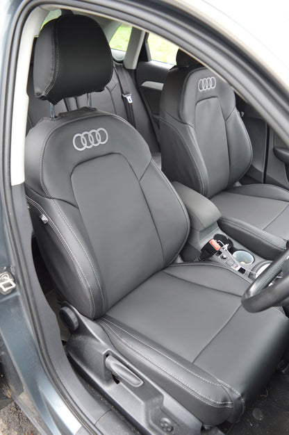Audi Q3 8U Seat Covers (2011–2019) | Black Perforated Leatherette & Silver Stitching | Custom Made to Order