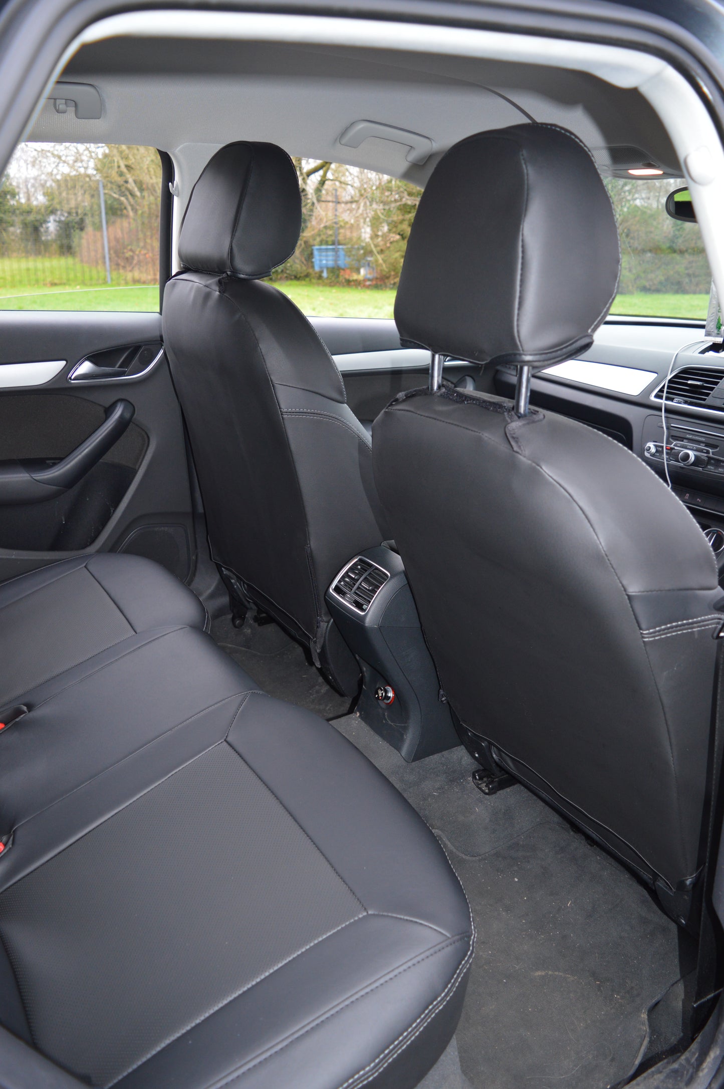 Audi Q3 8U Seat Covers (2011–2019) | Black Perforated Leatherette & Silver Stitching | Custom Made to Order